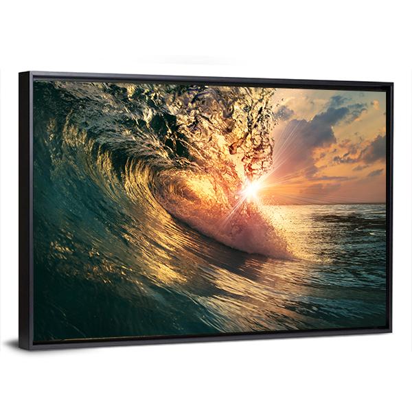 Ocean Wave At Sunset Time Canvas Wall Art-3 Horizontal-Gallery Wrap-25" x 16"-Tiaracle