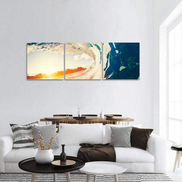 Ocean Wave Crashing At Sunset Panoramic Canvas Wall Art-3 Piece-25" x 08"-Tiaracle