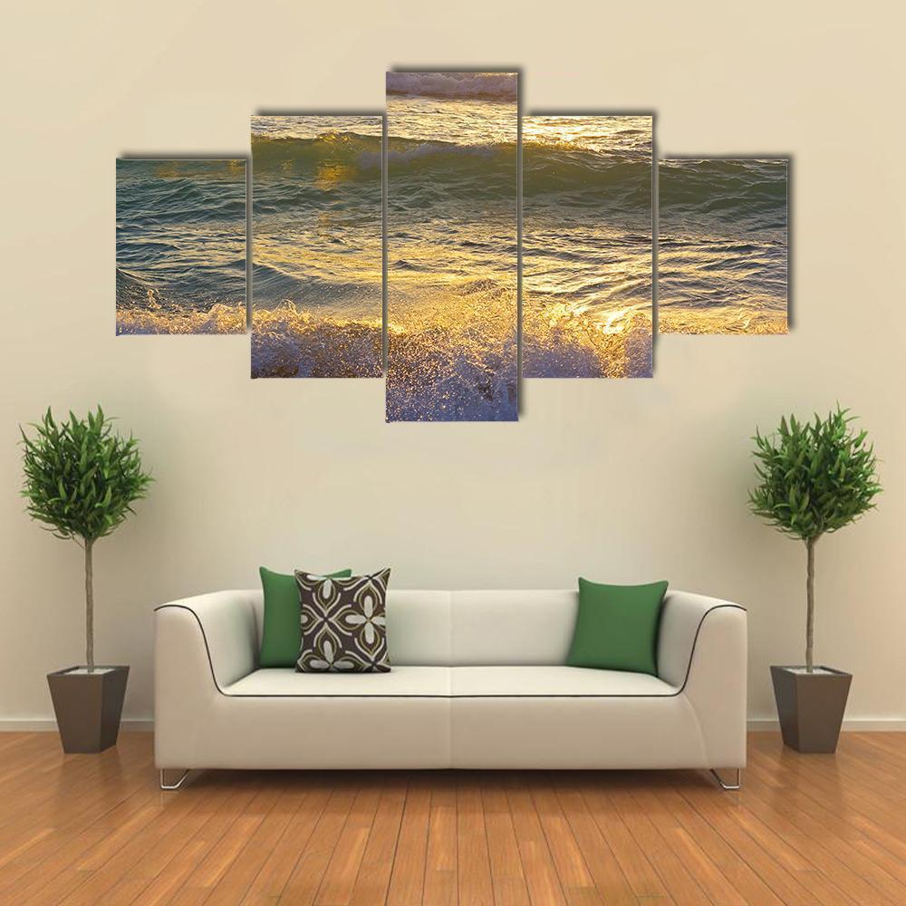 Ocean Waves At Miami Beach Canvas Wall Art-5 Star-Gallery Wrap-62" x 32"-Tiaracle
