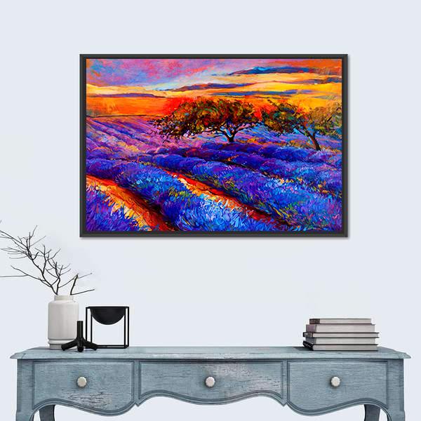 Oil Painting Of Lavender Fields Canvas Wall Art-1 Piece-Floating Frame-24" x 16"-Tiaracle