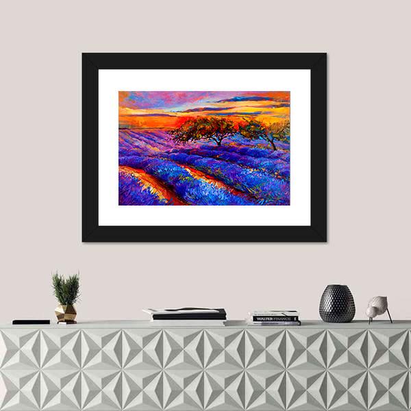 Oil Painting Of Lavender Fields Canvas Wall Art-1 Piece-Framed Print-20" x 16"-Tiaracle