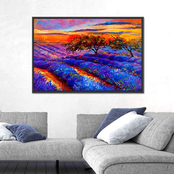 Oil Painting Of Lavender Fields Canvas Wall Art-3 Horizontal-Gallery Wrap-25" x 16"-Tiaracle