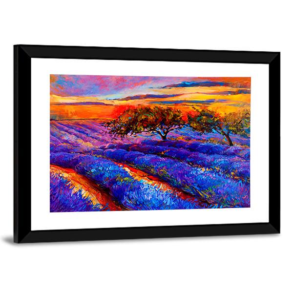 Oil Painting Of Lavender Fields Canvas Wall Art-3 Horizontal-Gallery Wrap-25" x 16"-Tiaracle
