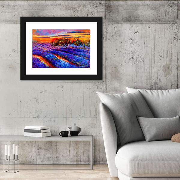 Oil Painting Of Lavender Fields Canvas Wall Art-3 Horizontal-Gallery Wrap-25" x 16"-Tiaracle