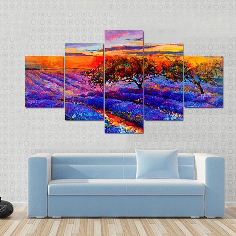 Oil Painting Of Lavender Fields Canvas Wall Art-5 Star-Gallery Wrap-62" x 32"-Tiaracle