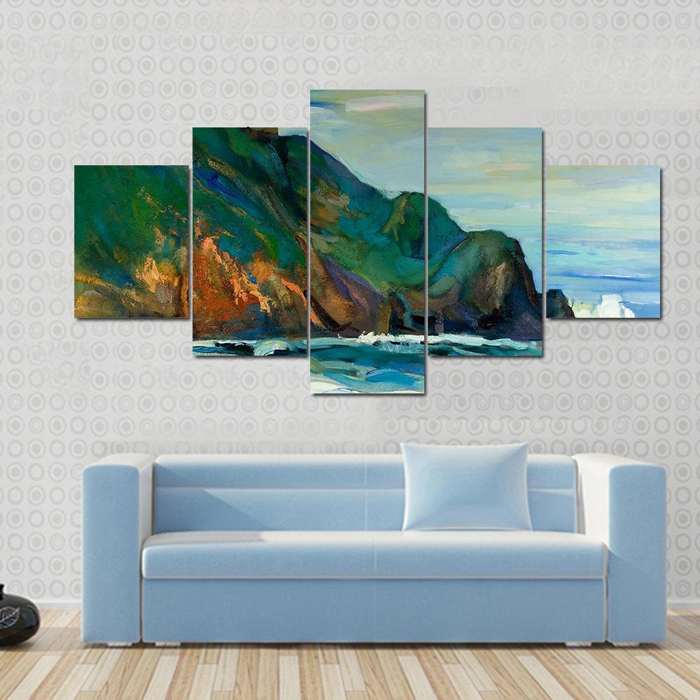 Oil Painting Of Seacoast Canvas Wall Art-5 Star-Gallery Wrap-62" x 32"-Tiaracle