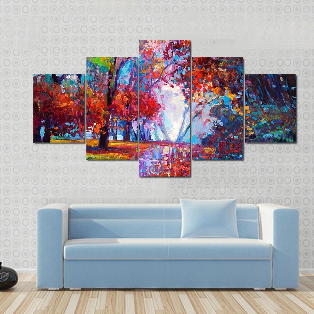 Autumn Forest Abstract Canvas Wall Art-5 Star-Gallery Wrap-62" x 32"-Tiaracle