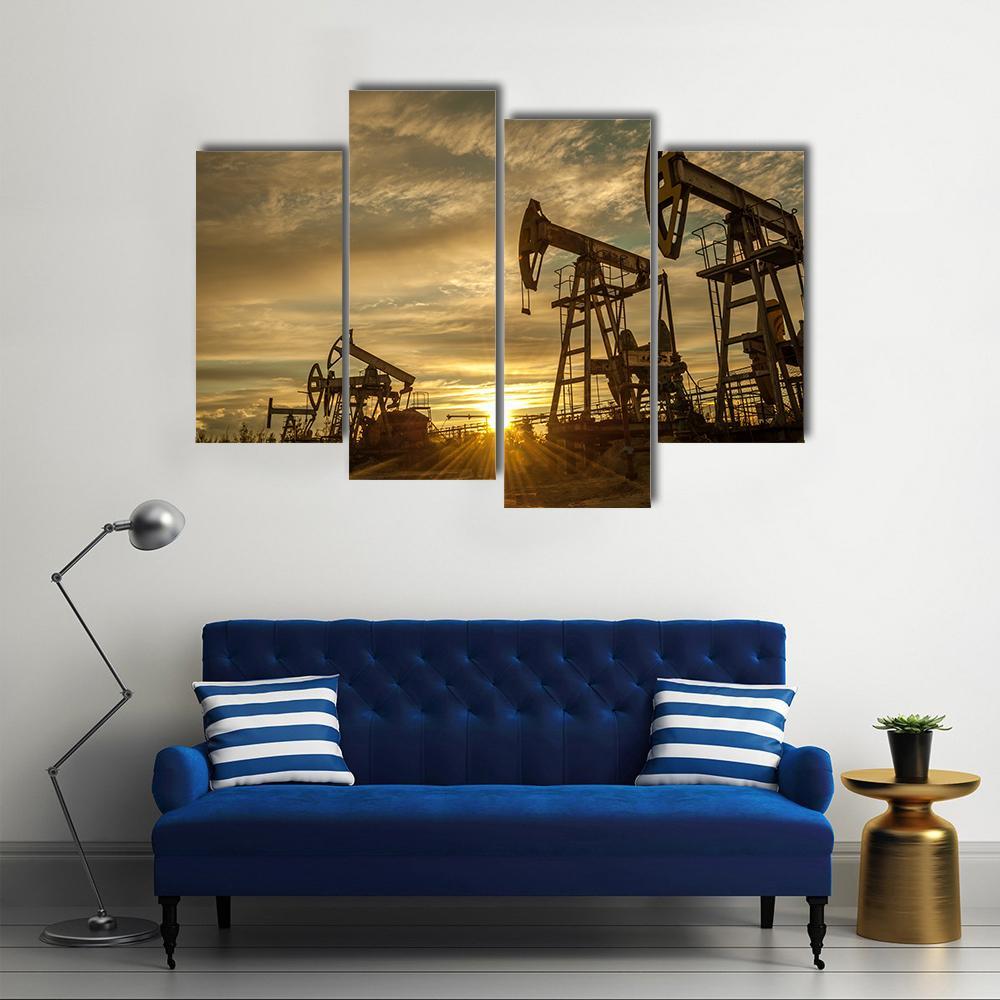 Oil Pump Jacks At Sunset Canvas Wall Art-4 Pop-Gallery Wrap-50" x 32"-Tiaracle