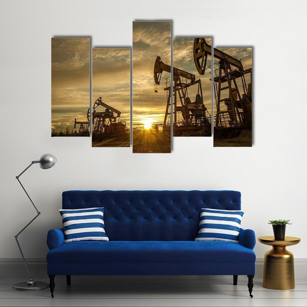 Oil Pump Jacks At Sunset Canvas Wall Art-5 Pop-Gallery Wrap-47" x 32"-Tiaracle