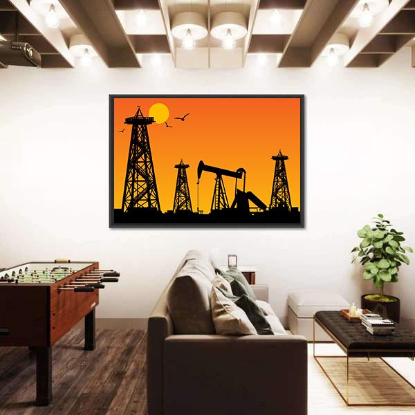 Oil Rig Silhouettes Canvas Wall Art-3 Horizontal-Gallery Wrap-25" x 16"-Tiaracle
