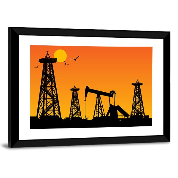 Oil Rig Silhouettes Canvas Wall Art-3 Horizontal-Gallery Wrap-25" x 16"-Tiaracle
