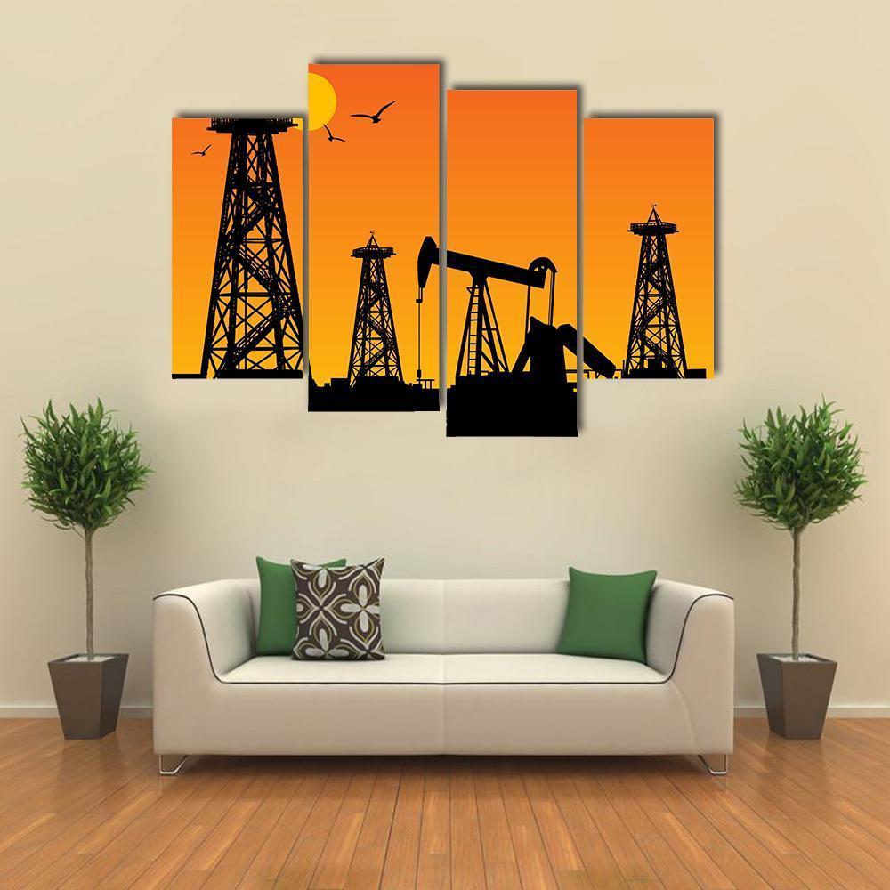 Oil Rig Silhouettes Canvas Wall Art-4 Pop-Gallery Wrap-50" x 32"-Tiaracle