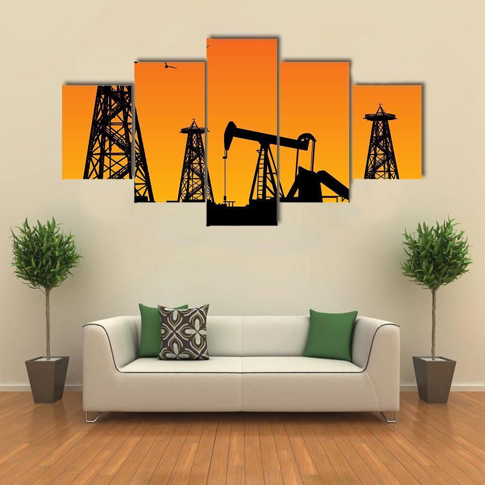 Oil Rig Silhouettes Canvas Wall Art-5 Star-Gallery Wrap-62" x 32"-Tiaracle
