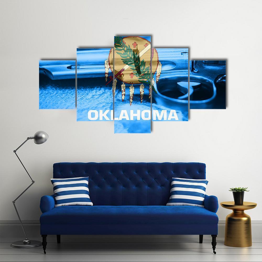 Oklahoma Flag With Gun Canvas Wall Art-5 Star-Gallery Wrap-62" x 32"-Tiaracle