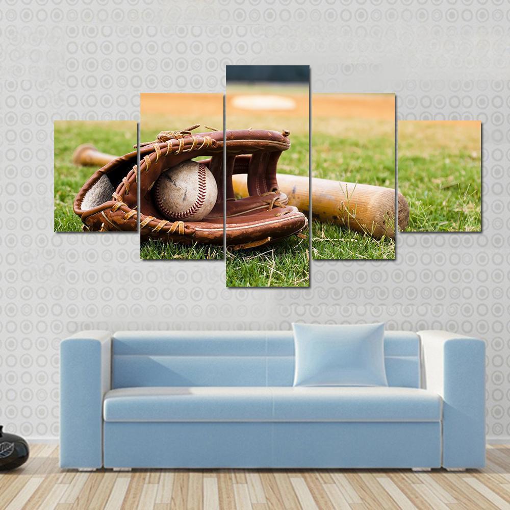 Baseball Glove & Bat Canvas Wall Art-5 Star-Gallery Wrap-62" x 32"-Tiaracle