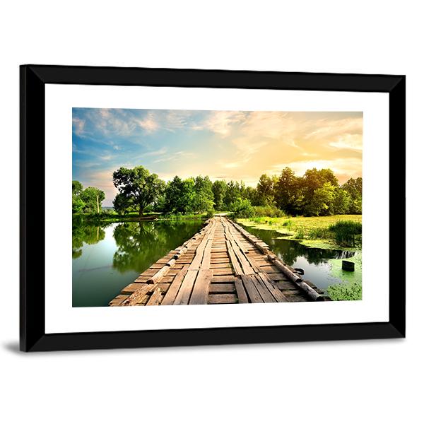 Old Bridge Over River Canvas Wall Art-3 Horizontal-Gallery Wrap-25" x 16"-Tiaracle