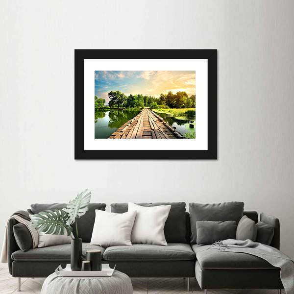 Old Bridge Over River Canvas Wall Art-3 Horizontal-Gallery Wrap-25" x 16"-Tiaracle