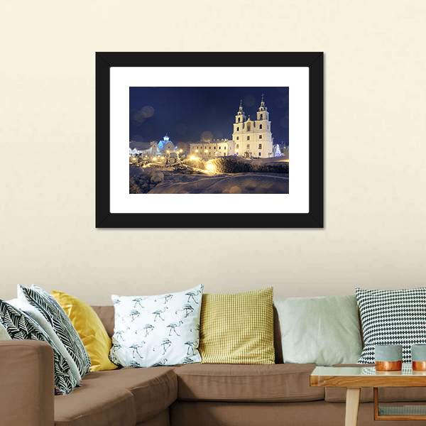 Church On Christmas Night Canvas Wall Art-1 Piece-Framed Print-20" x 16"-Tiaracle