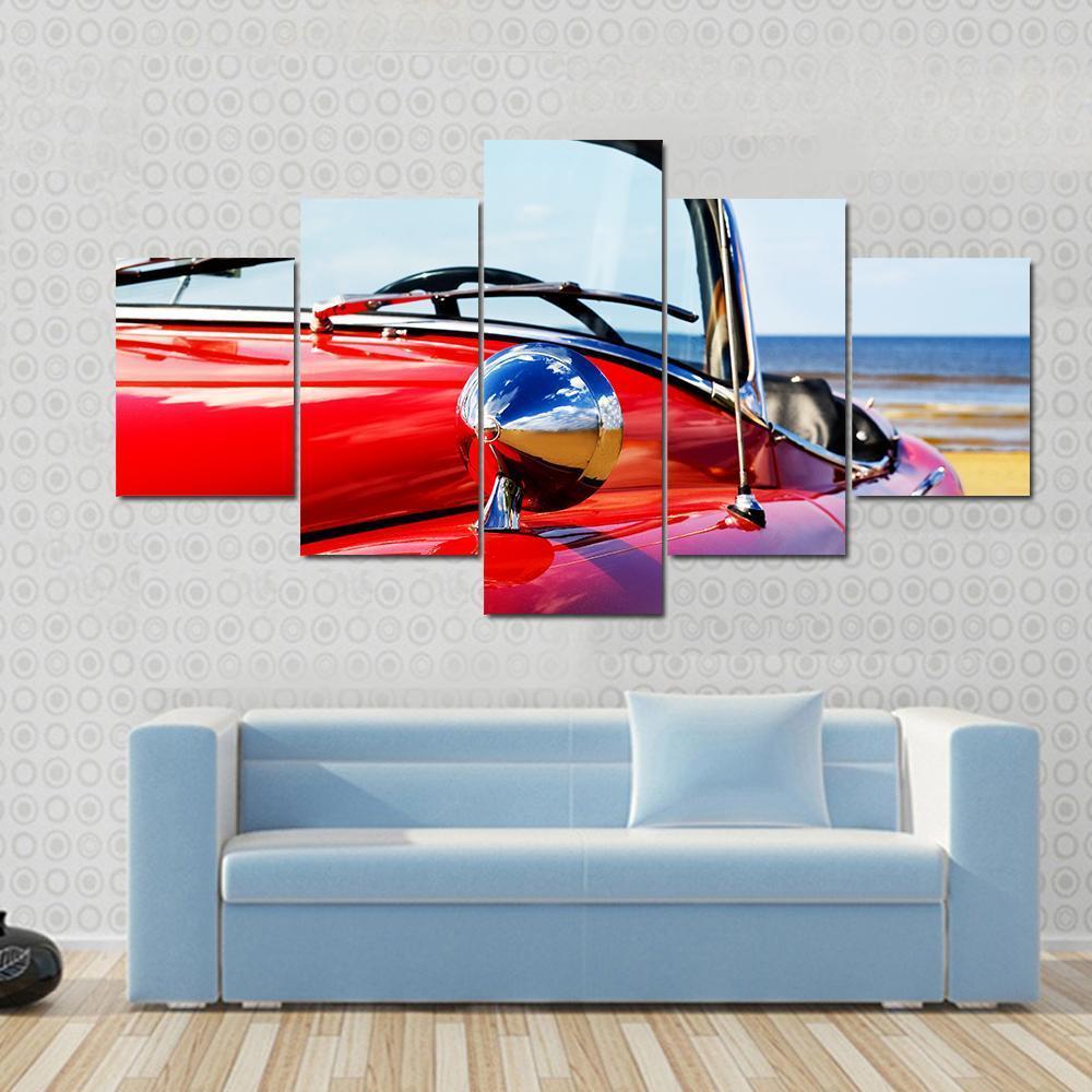 Red Car At Beach Canvas Wall Art-5 Star-Gallery Wrap-62" x 32"-Tiaracle