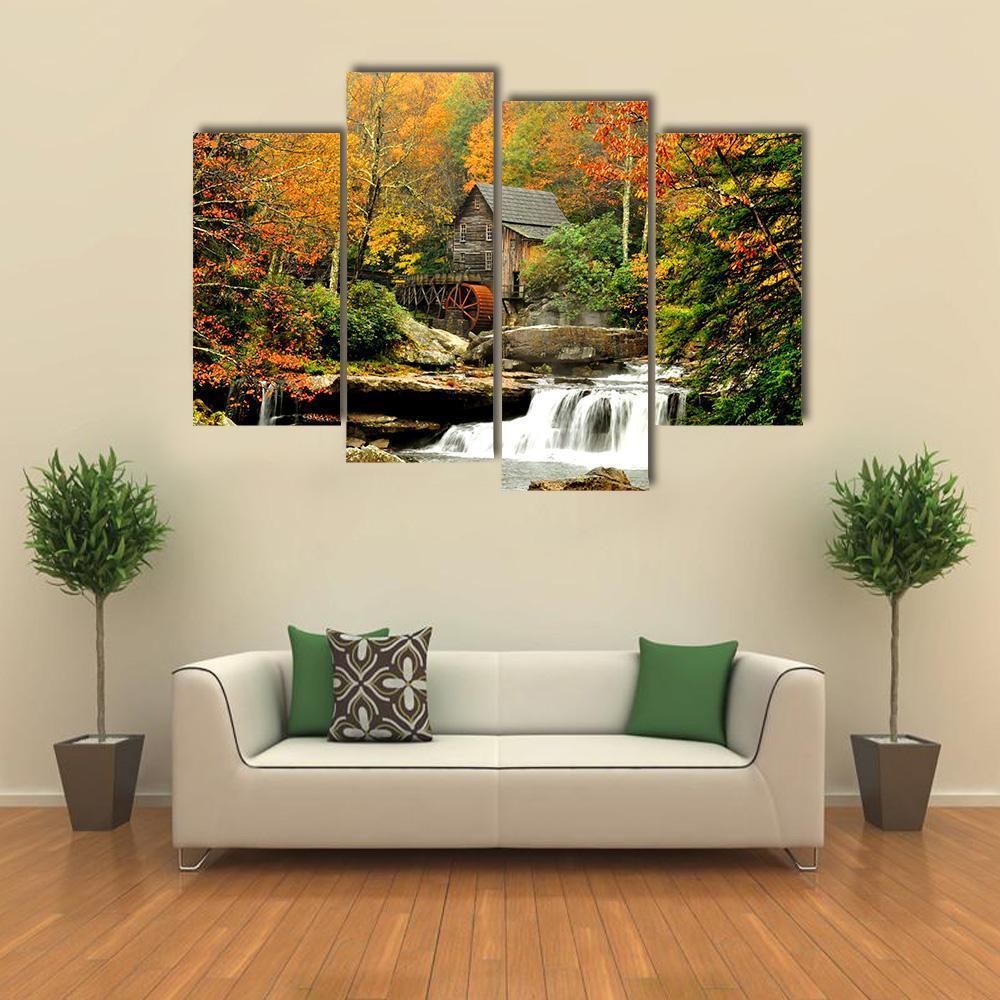 Old Mill & Waterfall Canvas Wall Art-4 Pop-Gallery Wrap-50" x 32"-Tiaracle