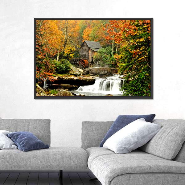 Old Mill & Waterfall Canvas Wall Art-3 Horizontal-Gallery Wrap-25" x 16"-Tiaracle