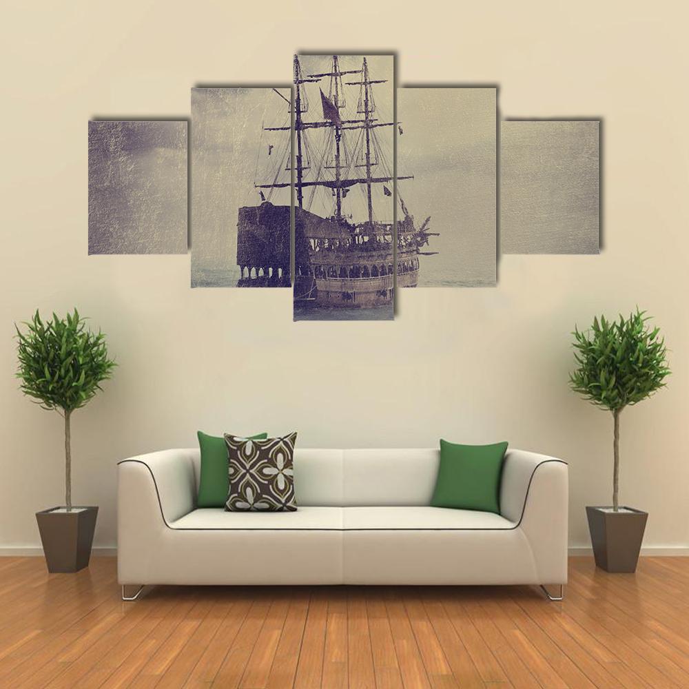 Old Pirate Ship Canvas Wall Art-5 Star-Gallery Wrap-62" x 32"-Tiaracle