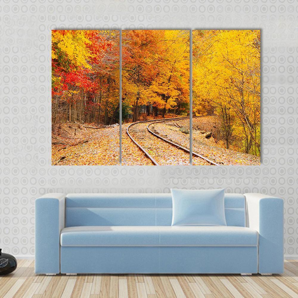 Railroad Track In Autumn Canvas Wall Art-3 Horizontal-Gallery Wrap-37" x 24"-Tiaracle