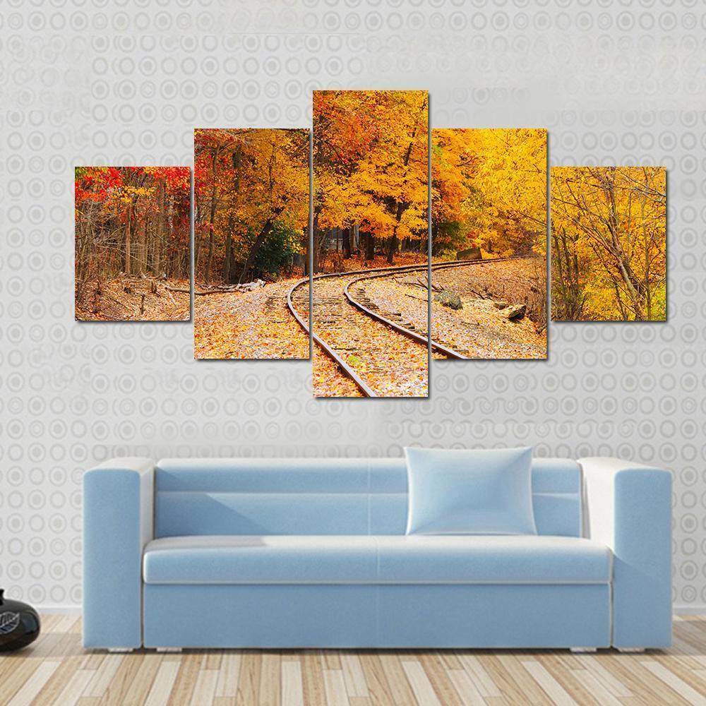 Railroad Track In Autumn Canvas Wall Art-5 Star-Gallery Wrap-62" x 32"-Tiaracle