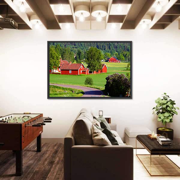 Old Red Farm Houses Canvas Wall Art-3 Horizontal-Gallery Wrap-25" x 16"-Tiaracle