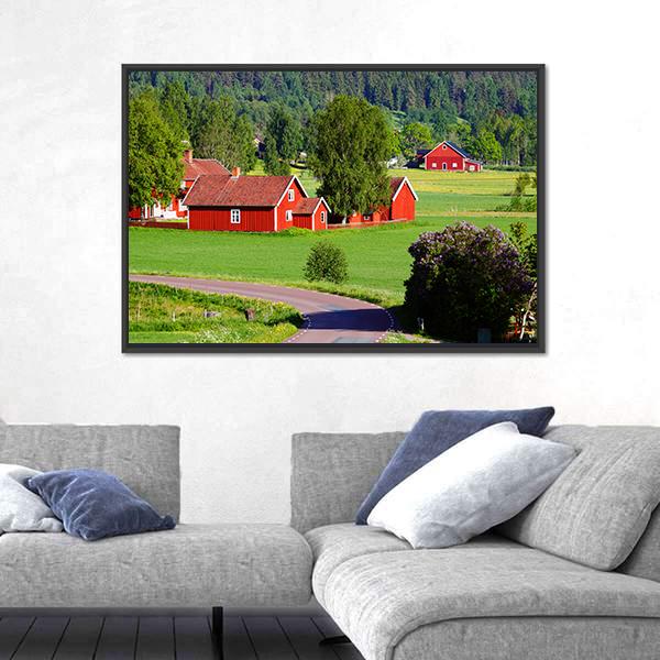Old Red Farm Houses Canvas Wall Art-3 Horizontal-Gallery Wrap-25" x 16"-Tiaracle