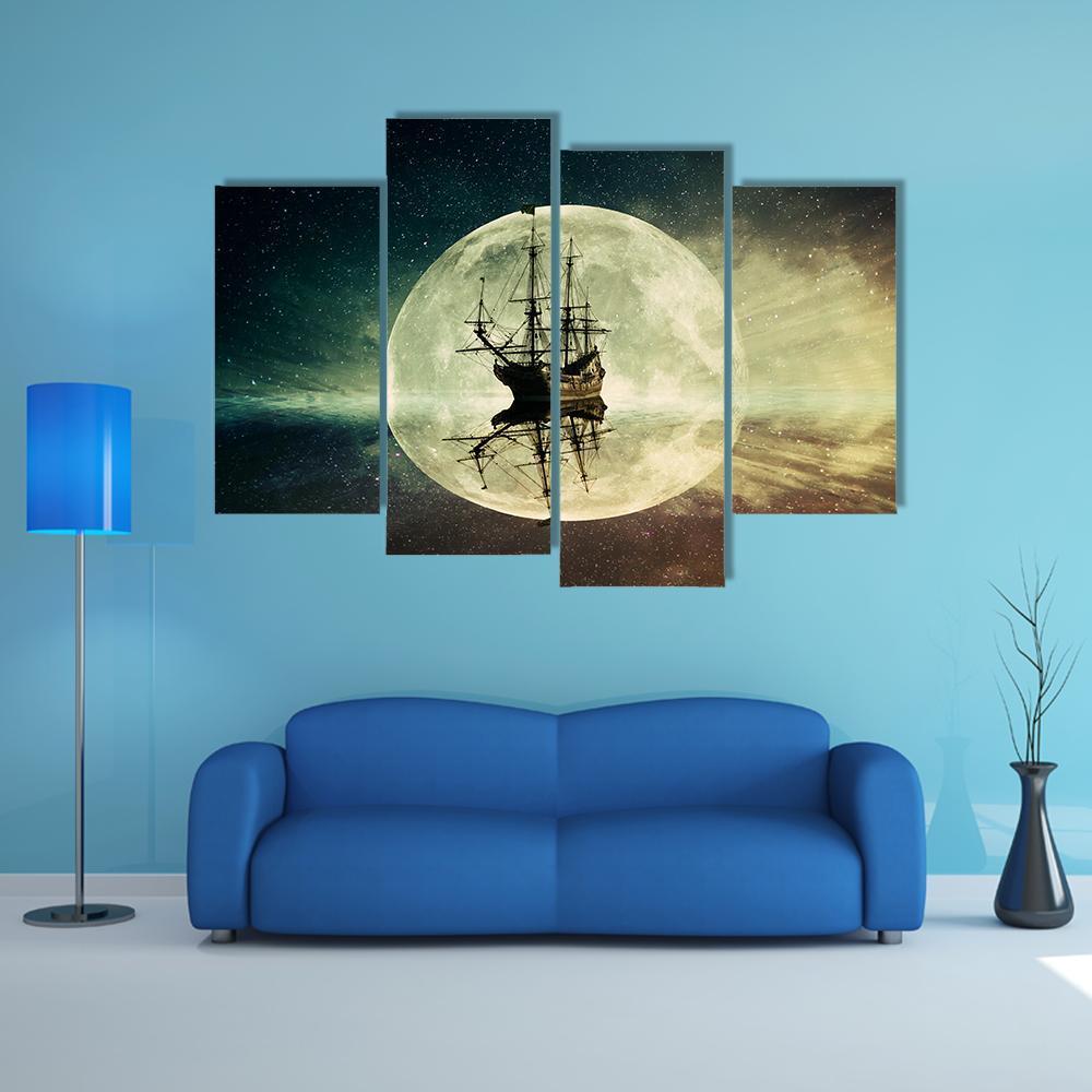Ship In Moonlight Canvas Wall Art-4 Pop-Gallery Wrap-50" x 32"-Tiaracle