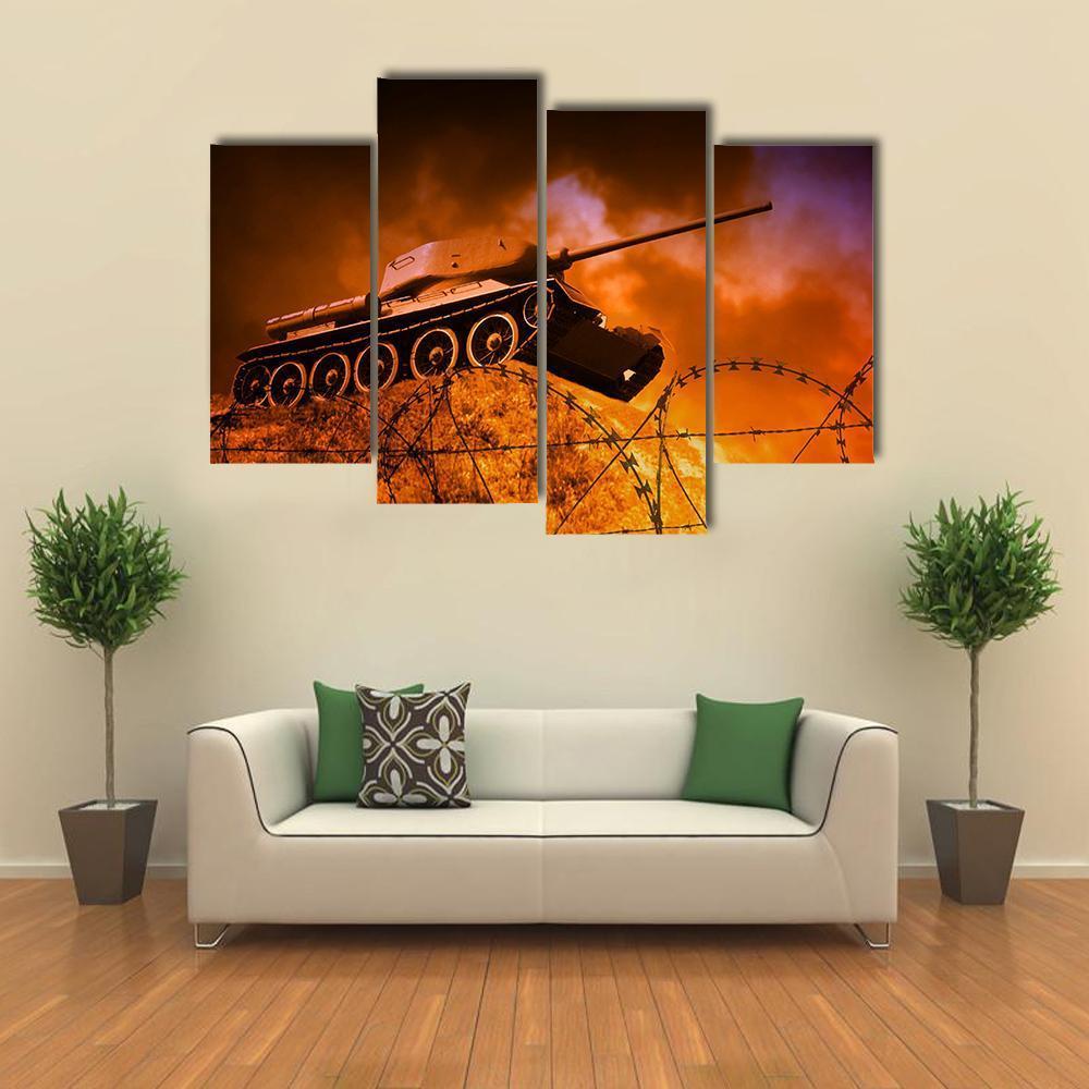 Old Tank On Battlefield Canvas Wall Art-4 Pop-Gallery Wrap-50" x 32"-Tiaracle