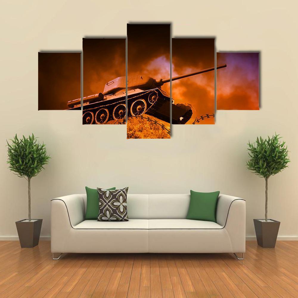 Old Tank On Battlefield Canvas Wall Art-5 Star-Gallery Wrap-62" x 32"-Tiaracle
