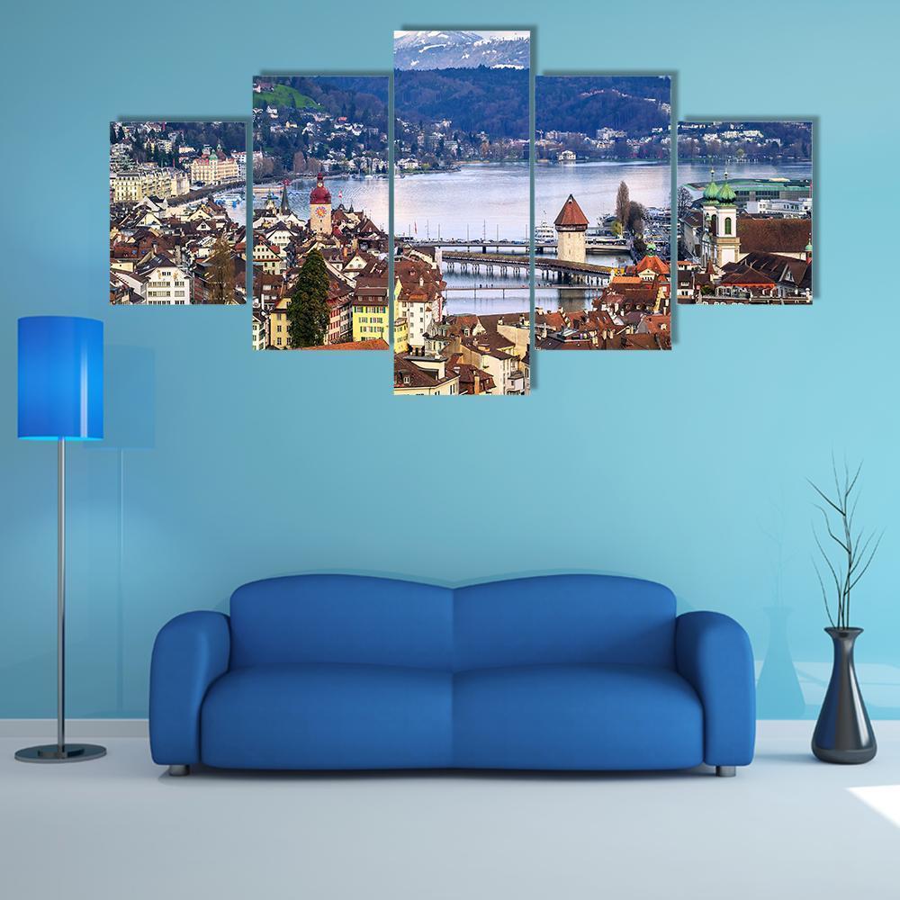 Old Town With Lake Canvas Wall Art-5 Star-Gallery Wrap-62" x 32"-Tiaracle