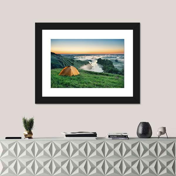 Orange Tourist Tent On Hillside Canvas Wall Art-1 Piece-Framed Print-20" x 16"-Tiaracle