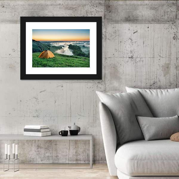 Orange Tourist Tent On Hillside Canvas Wall Art-3 Horizontal-Gallery Wrap-25" x 16"-Tiaracle