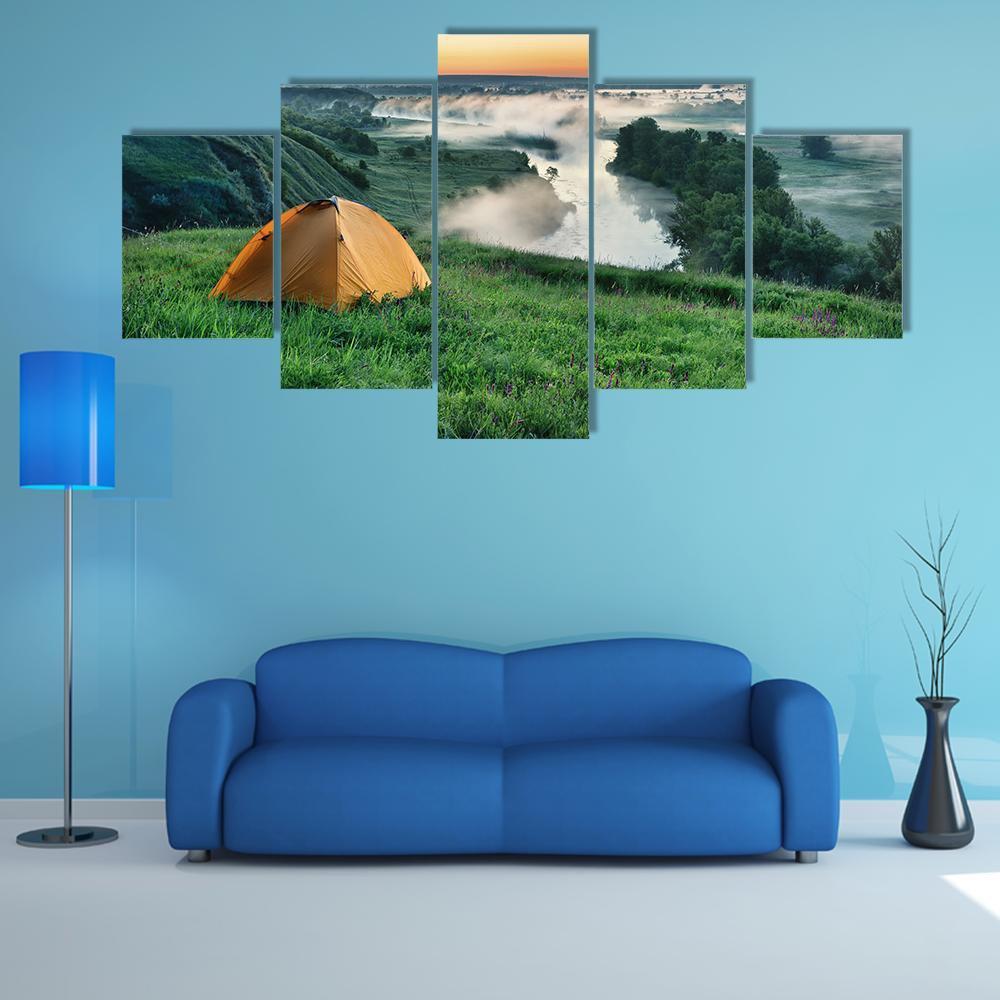 Orange Tourist Tent On Hillside Canvas Wall Art-5 Star-Gallery Wrap-62" x 32"-Tiaracle