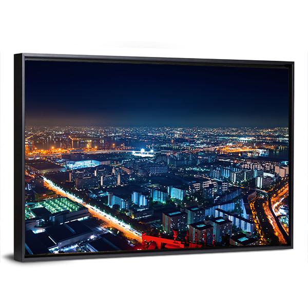 Osaka Bay Harbor Area At Night Canvas Wall Art-3 Horizontal-Gallery Wrap-25" x 16"-Tiaracle