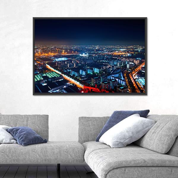 Osaka Bay Harbor Area At Night Canvas Wall Art-3 Horizontal-Gallery Wrap-25" x 16"-Tiaracle