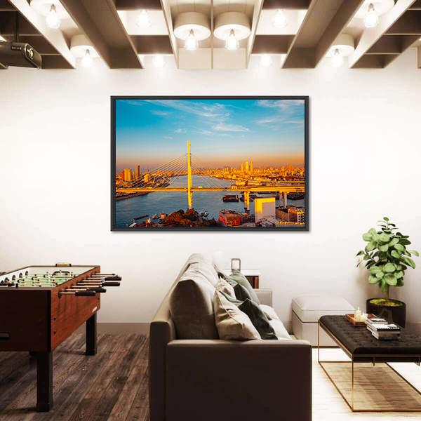 Osaka Port With Bridge And Cityscape Canvas Wall Art-3 Horizontal-Gallery Wrap-25" x 16"-Tiaracle