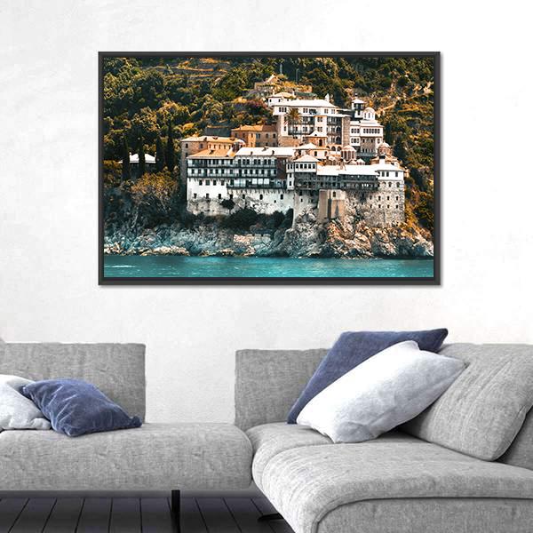 Osiou Gregoriou Monastery On Holy Mount Athos Canvas Wall Art-3 Horizontal-Gallery Wrap-25" x 16"-Tiaracle