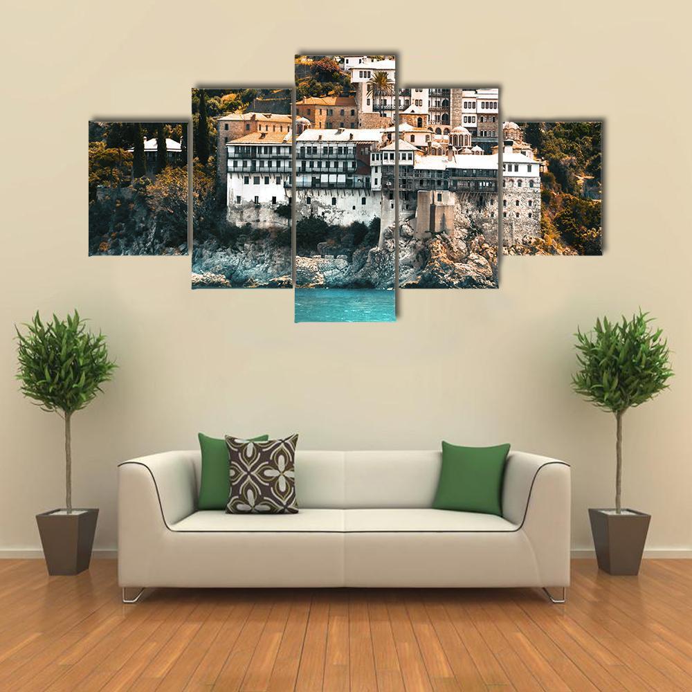 Osiou Gregoriou Monastery On Holy Mount Athos Canvas Wall Art-5 Star-Gallery Wrap-62" x 32"-Tiaracle
