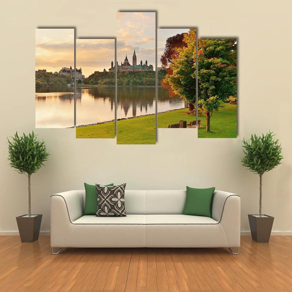 Ottawa City Skyline At Sunrise Over River Canvas Wall Art-5 Pop-Gallery Wrap-47" x 32"-Tiaracle