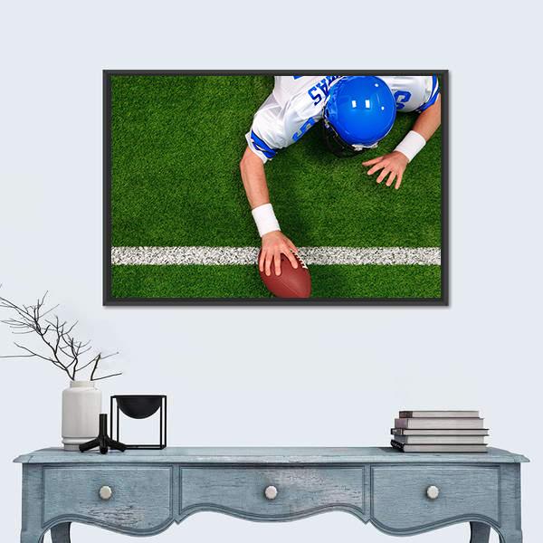 Overhead Photo Of Football Player Making A One Handed Touchdown Canvas Wall Art-1 Piece-Floating Frame-24" x 16"-Tiaracle