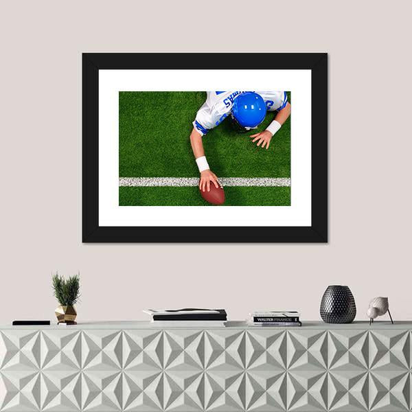 Overhead Photo Of Football Player Making A One Handed Touchdown Canvas Wall Art-1 Piece-Framed Print-20" x 16"-Tiaracle