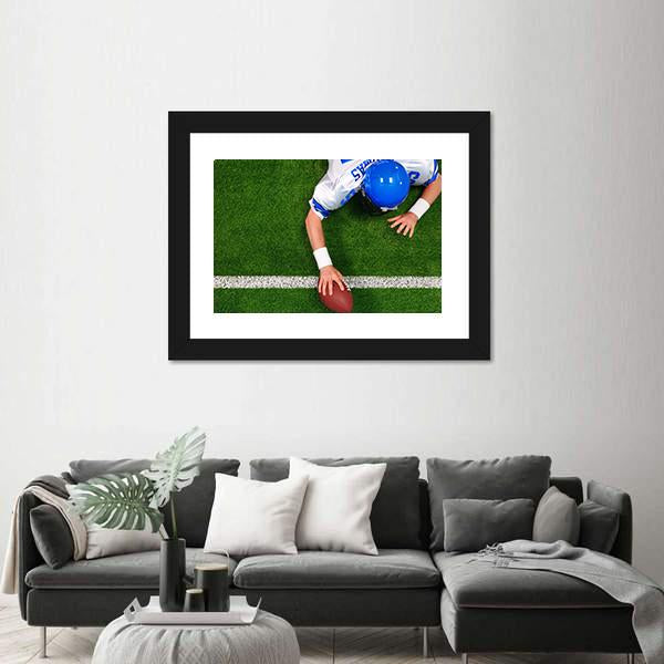 Overhead Photo Of Football Player Making A One Handed Touchdown Canvas Wall Art-3 Horizontal-Gallery Wrap-25" x 16"-Tiaracle