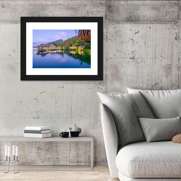 Overwater Bungalows At Dusk Canvas Wall Art-3 Horizontal-Gallery Wrap-25" x 16"-Tiaracle