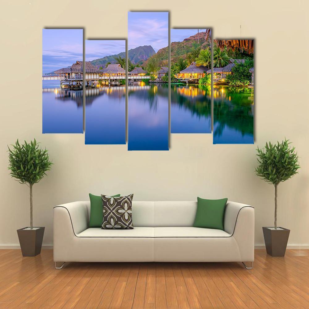 Overwater Bungalows At Dusk Canvas Wall Art-5 Pop-Gallery Wrap-47" x 32"-Tiaracle