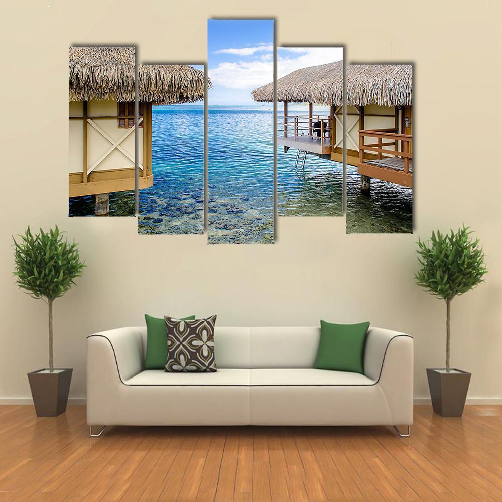 Overwater Bungalows In Moorea Canvas Wall Art-5 Pop-Gallery Wrap-47" x 32"-Tiaracle