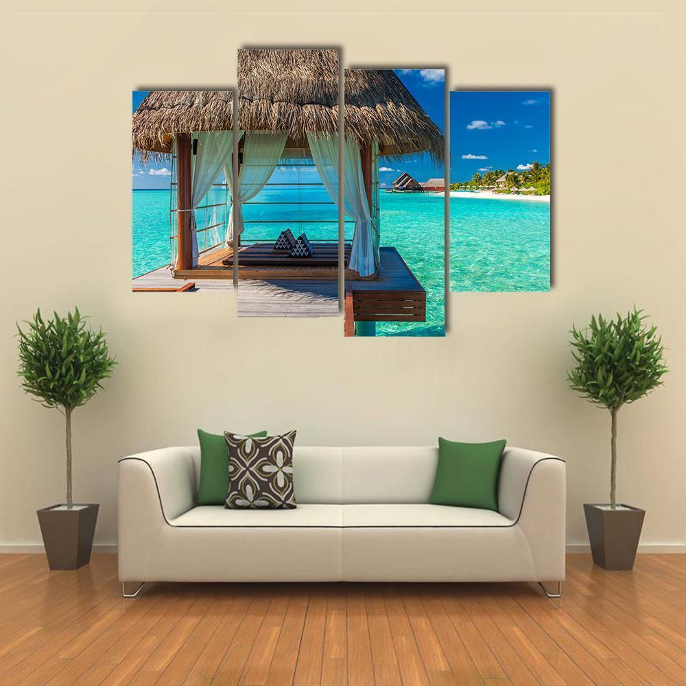 Overwater Spa With Tropical Lagoon View Canvas Wall Art-4 Pop-Gallery Wrap-50" x 32"-Tiaracle